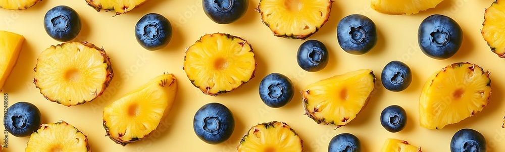 Poster a colorful arrangement of fresh pineapple slices and blueberries on a yellow background, creating a 
