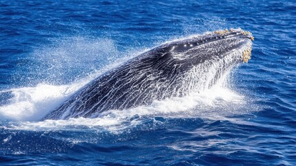 Fototapeta premium A humpback whale breaches the surface of the ocean, creating a spray of water.