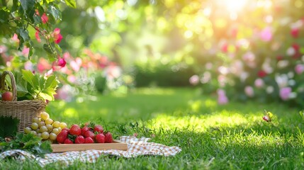 A vibrant, outdoor garden scene with a picnic blanket spread over a lush green lawn. Fresh fruit, like strawberries and grapes, are placed on a small