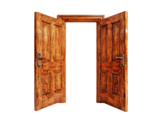 Open wooden home door with isolated background for real estate and interior design