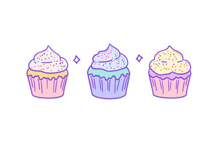 Pastel cupcake trio with colorful sprinkles for spring confectionery designs