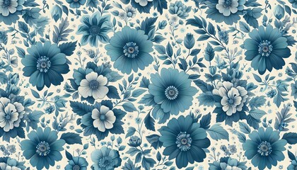 Elegant Blue Floral Pattern with Detailed Petals and Leaves