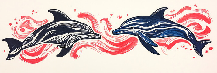 Two dolphins leap through pink swirls, a vibrant illustration.