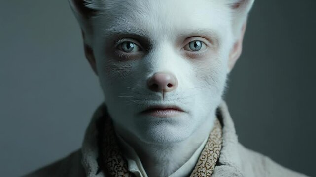 Close-up of White Feline-Human Hybrid with Intricate Details