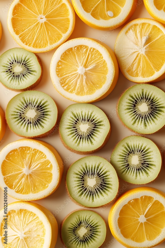 Poster vibrant arrangement of sliced oranges and kiwis, showcasing their colorful cross-sections in an appe