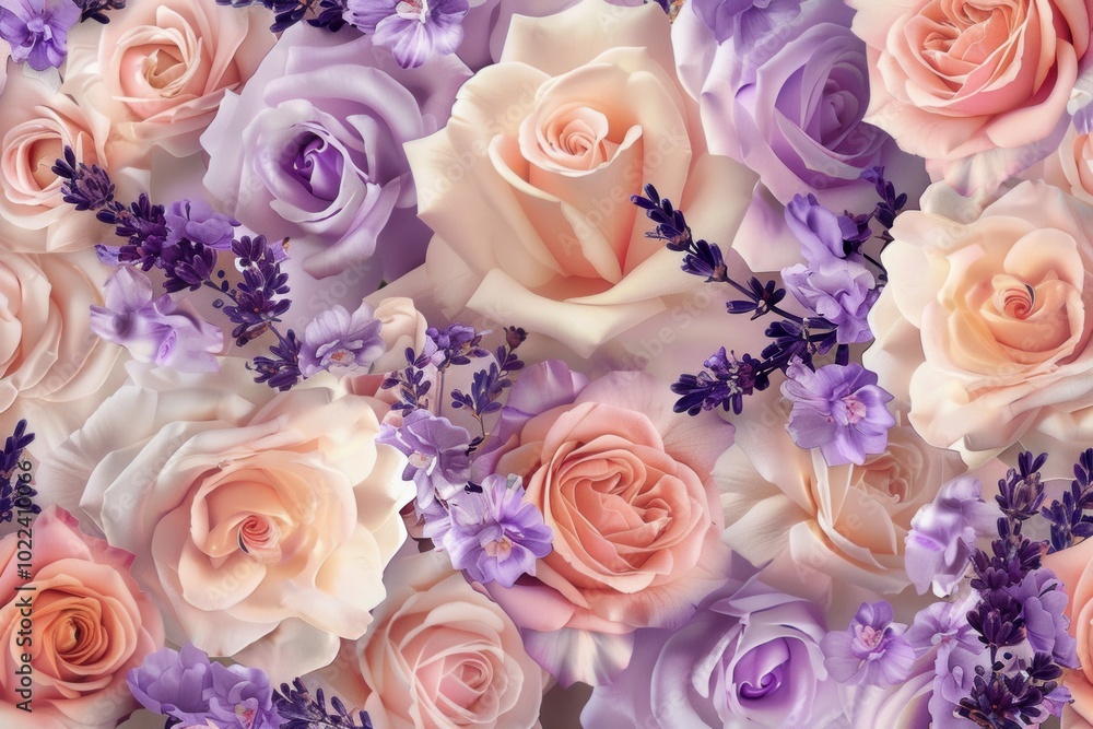 Poster Roses in soft pink and lavender intertwine with delicate lavender blooms, creating a striking and serene pattern. Generative AI