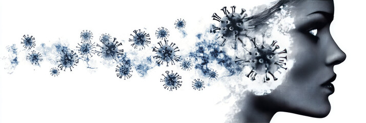 A woman's face is surrounded by a cloud of viruses. The image is a powerful reminder of the impact of the pandemic on individuals.