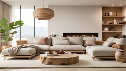 acanid-inspired minimalist living room design, highlighting natural materials, uncluttered space, and a harmonious blend o