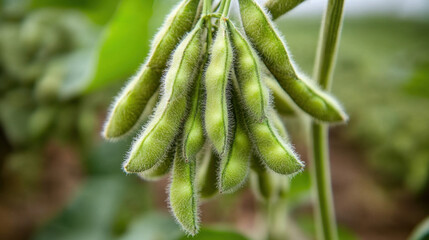 Detailed view of soybean plant featuring green pods, showcasing healthy growth and vibrant color of soybeans. This captures essence of agricultural productivity and natures bounty