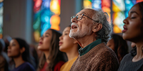Happy middle-aged man and woman in a church, generative AI