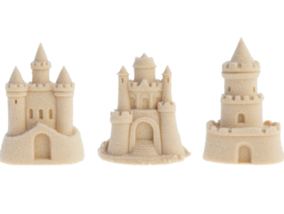 Summer beach fun: trio of intricate sand castles for vacations and coastal designs