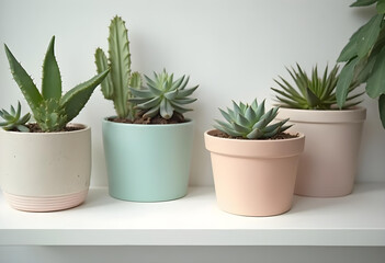 collection of various potted plants displayed on shelf, showcasing different shapes and textures. serene arrangement adds touch of nature to indoor space, creating calming atmosphere