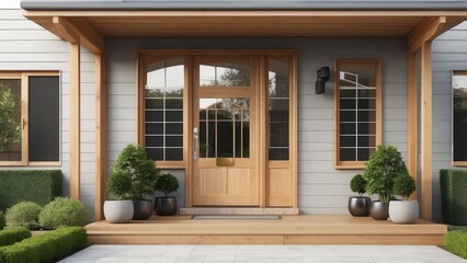 House entrance design with a wooden front door, highlighted by a gabled porch and a small landing space.-