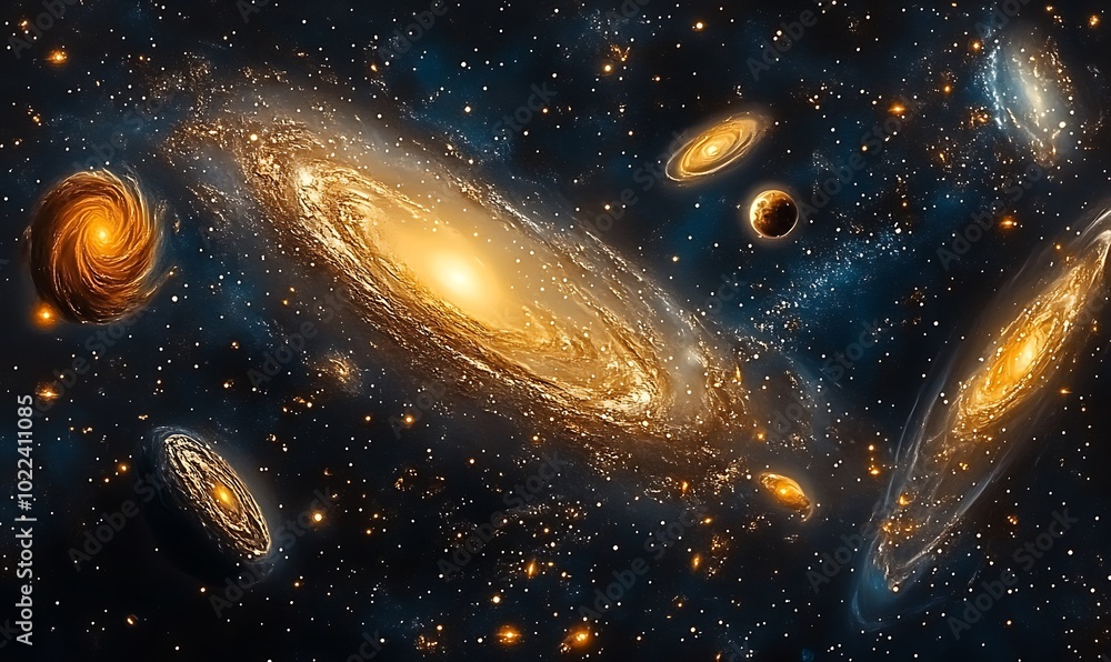 Aufkleber a mesmerizing cosmic scene featuring multiple galaxies shimmering against a dark universe filled wit