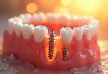 detailed dental model showcasing dental implants surrounded by realistic teeth, highlighting importance of oral health and modern dental technology. warm lighting adds sense of innovation and care