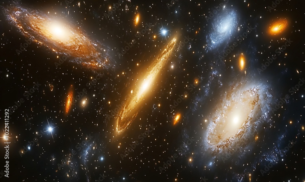 Poster a stunning view of multiple galaxies in deep space, showcasing a variety of shapes and vibrant color