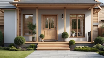 Obraz premium House entrance design with a wooden front door, highlighted by a gabled porch and a small landing space.-