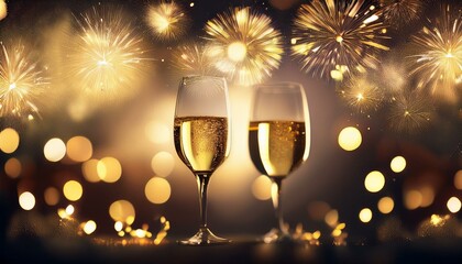 Happy New Year celebrations with champagne and fireworks and bright lights; a New Year celebration to welcome the new beginning of the year; fireworks to ring in the new year; golden color atmosphere