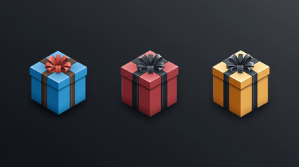 Fototapeta premium Three gift boxes, one blue with a red bow, one red with a black bow, and one yellow with a black bow.