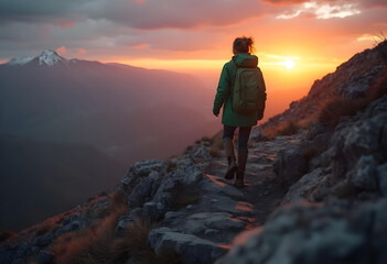 Fototapeta premium person walks along rocky path during sunset, surrounded by mountains and beautiful sky. warm colors of sunset create serene atmosphere, perfect for nature lovers
