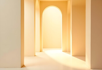 Fototapeta premium serene interior space featuring soft yellow tones and elegant arches, creating warm and inviting atmosphere. natural light enhances textures and shapes, evoking sense of calm