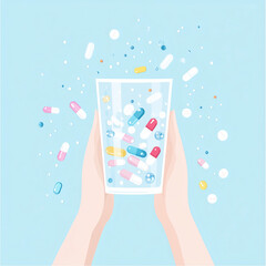 hand holding a glass filled with colorful pills, symbolizing over-medication, dependency, or health concerns. The image evokes themes of addiction, mental health, or pharmaceutical issues.