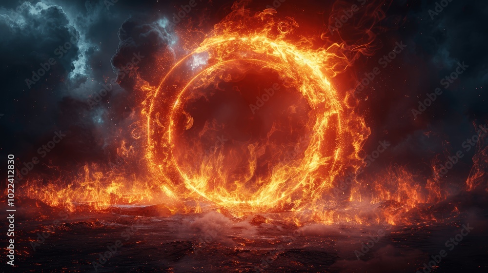 Poster abstract red lightning circle frame on dark sky fantasy fire ring background plasma particle effect