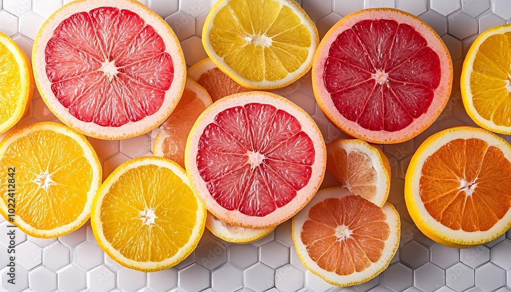 Poster A vibrant display of citrus fruits, featuring various sliced oranges and grapefruits on a patterned background.