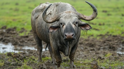 Obraz premium A majestic buffalo stands proudly in a muddy field, showcasing its large horns and strong physique against a natural backdrop.