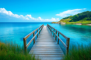 Tranquil Lake Escape: Wooden Dock Leading to Serene Island Paradise