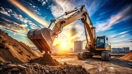 Excavator Scoop and Hydraulic Arm in Action - Heavy Machinery and Construction Equipment