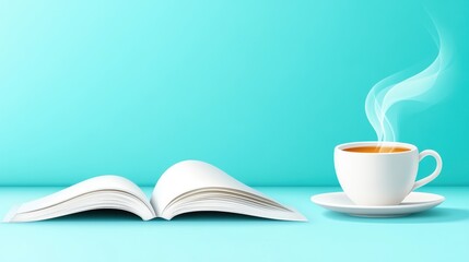 A cozy scene featuring an open book and a steaming cup of tea, perfect for relaxing moments and enjoying literature.