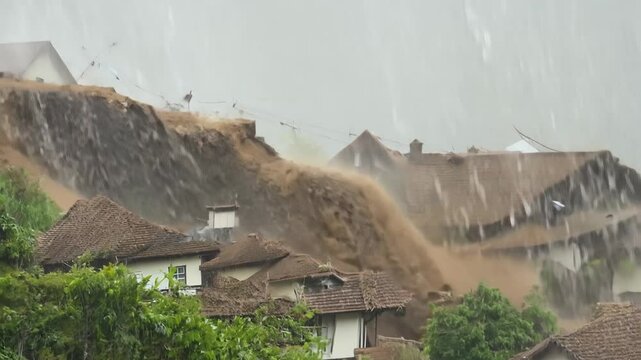 Mudslide Engulfs Houses Amid Torrential Rainstorm in Rural Area
