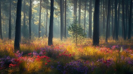 Obraz premium Sunbeams break through the canopy of a misty forest, illuminating a field of wildflowers.