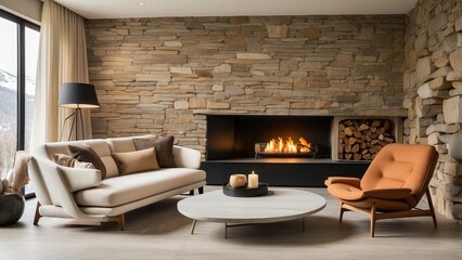 Modern living room design with a mid-century style sofa, chair, and a fireplace framed by a wild stone wall.-