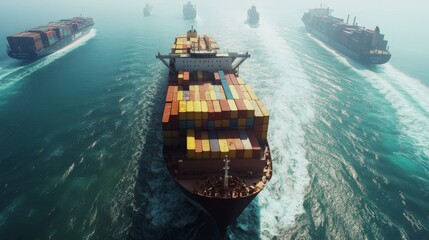 Cargo Ship Sailing on a Clear Ocean with Several Other Ships in the Distance