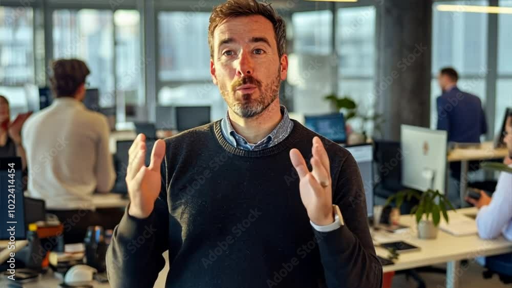 Poster a charismatic engineer in smart casual wear discussing project details with a team in an open-plan o