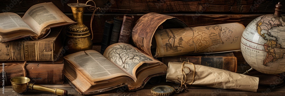 Poster a collection of ancient books, scrolls, and historical artifacts displayed on a wooden table, showca
