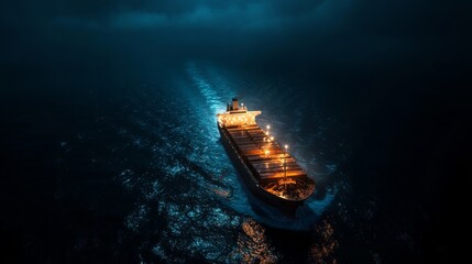 Cargo Ship Sailing Through Dark Ocean at Night