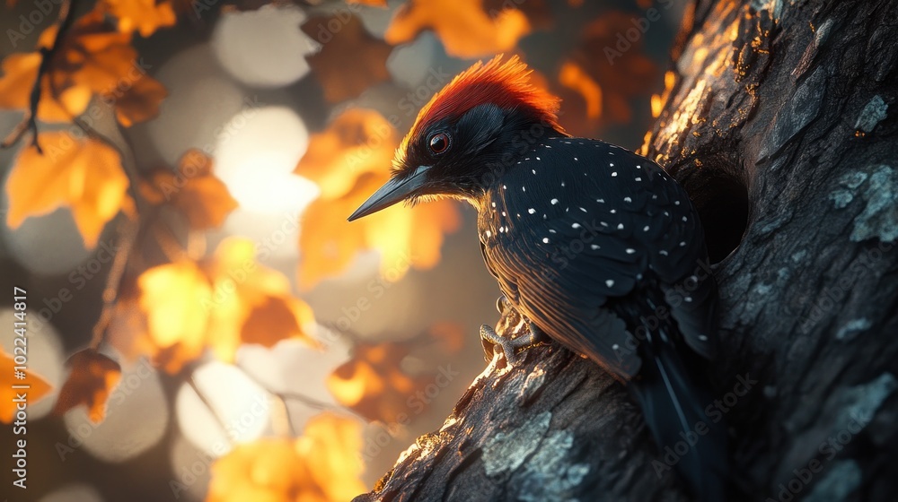 Poster a black woodpecker with red crest perched on a tree trunk with a blurry background of fall foliage.