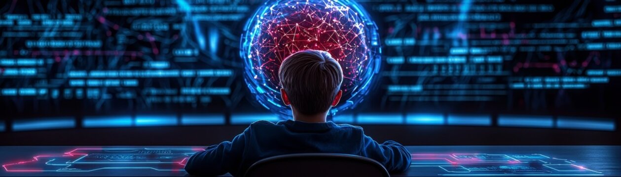 Digital Philosophy: An artistic portrayal of AI in a classroom setting, with a holographic professor teaching a new paradigm of machine learning theories to digital avatars.
