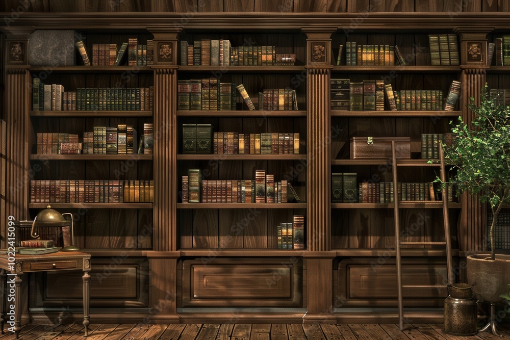 Aufkleber Rows of wooden shelves are densely packed with textbooks and academic literature, creating a warm and inviting reading atmosphere. Generative AI