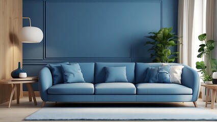3D rendered interior of a living room with a blue sofa, highlighting a clean, modern aesthetic and cozy atmosphere.