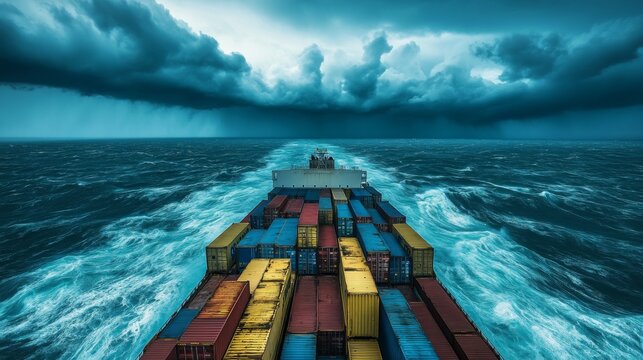 Cargo Ship Sailing Through Rough Seas Under Dark Storm Clouds