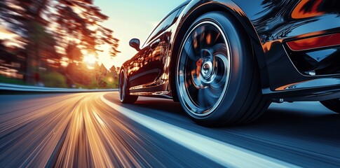 Close-up of wheels of luxury sports car on highway: fast red automobile in motion blur on sunny day