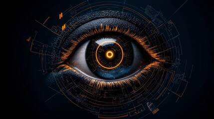 Intelligent Vision Diagram: An abstract diagram featuring a central digital eye, radiating blueprint lines and strategic nodes that symbolize AIâ€™s comprehensive approach to planning and vision