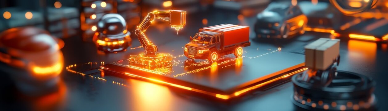 Integrated AI Warehouse: An automated warehouse with AI-driven robots sorting, packaging, and managing inventory, illustrating the implementation of AI in logistics and supply chain applications.