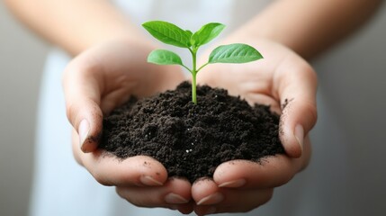 A fresh green plant sprouting from rich soil held in hands, symbolizing growth, nature, and nurturing environment.