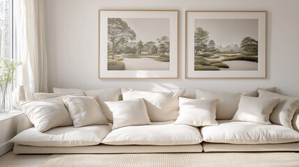 Minimalist living room with cream sofa and nature-inspired wall art
