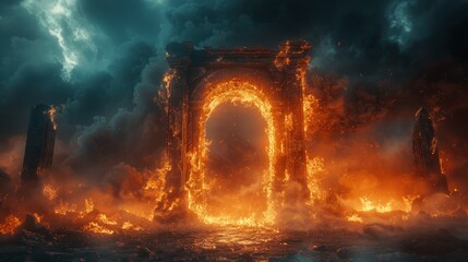 Fototapeta premium Hellish Entrance Fiery Arches Ancient Stone Gate with Flames Horror Fantasy World